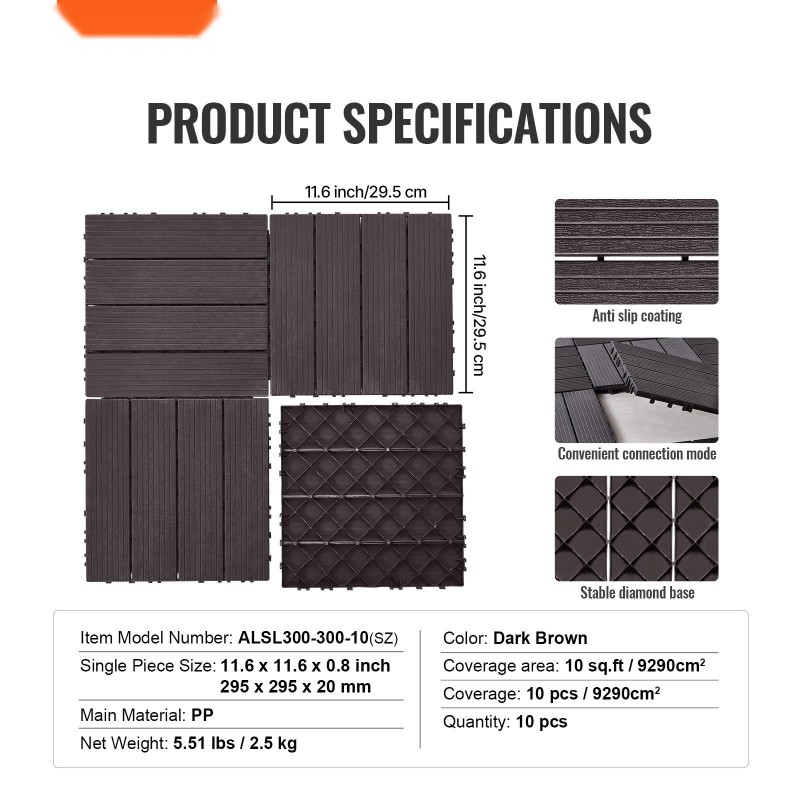 Terassilaatat muoviset toisiinsa lukittuvat 300x300 mm 10 kpl tummanruskea ulkokäyttöön