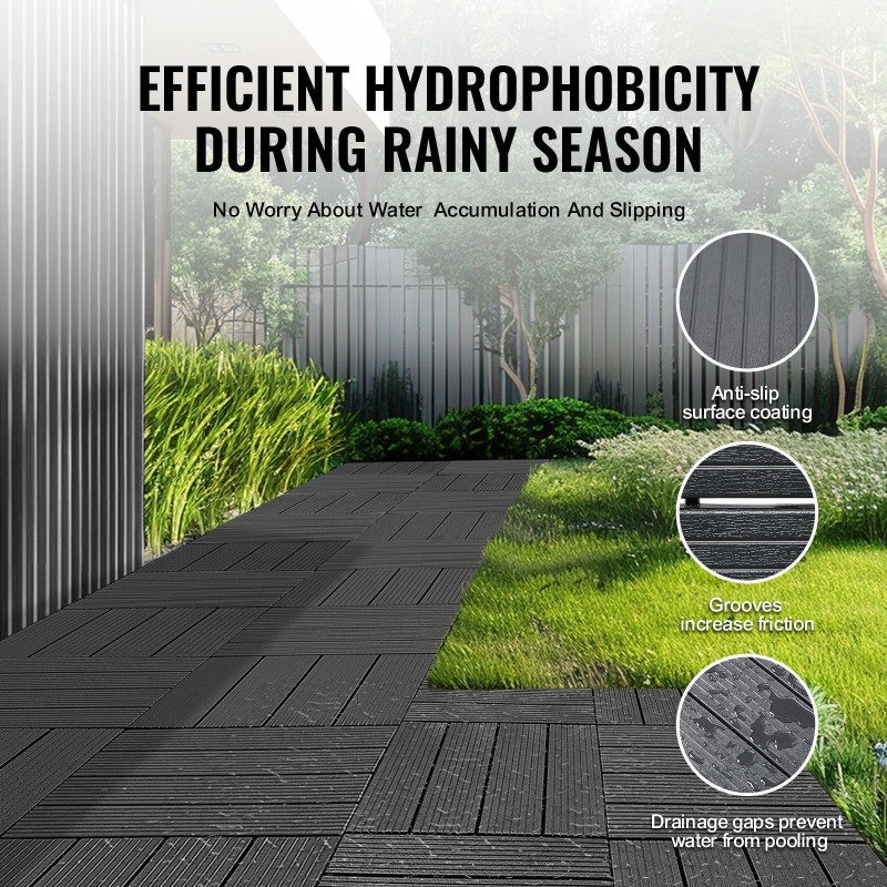 Lukittavat PP-muoviset terassilaatat 300 x 300 mm 10 kpl tummanharmaa puukuosi ulkokäyttöön