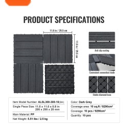 Lukittavat PP-muoviset terassilaatat 300 x 300 mm 10 kpl tummanharmaa puukuosi ulkokäyttöön