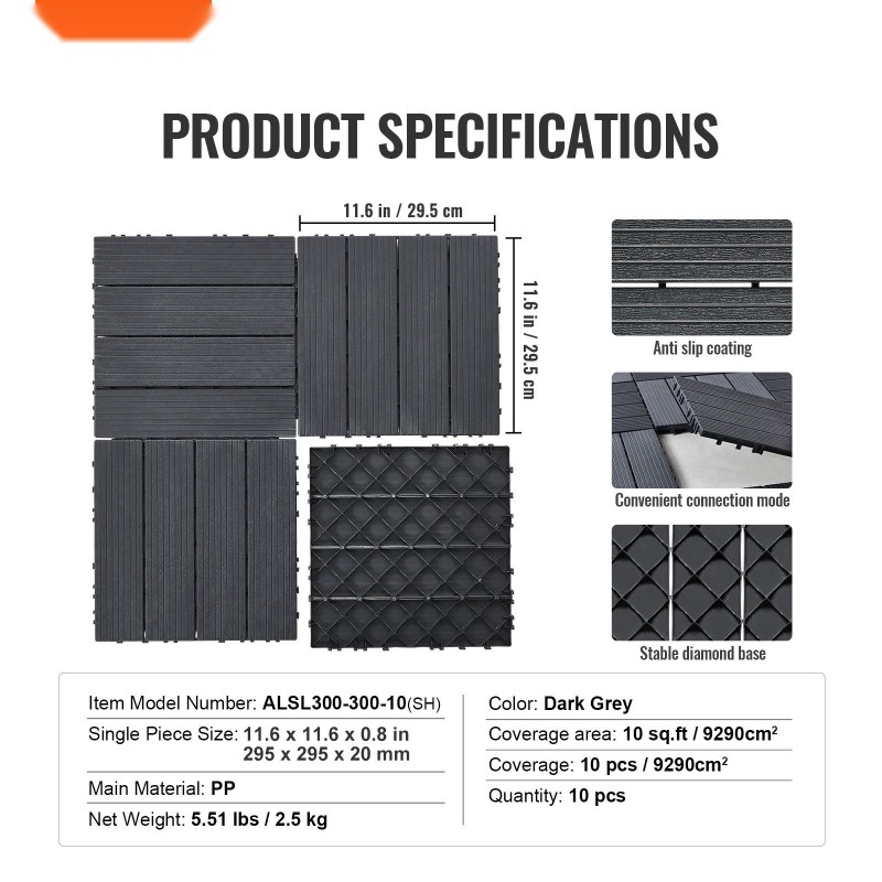 Lukittavat PP-muoviset terassilaatat 300 x 300 mm 10 kpl tummanharmaa puukuosi ulkokäyttöön