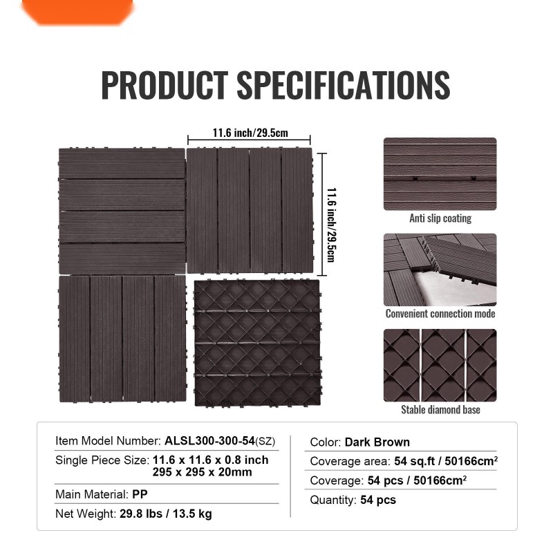 Toisiinsa lukittuvat terassilaatat 300x300 mm 54 kpl polypropeenia ulkokäyttöön ja sisäkäyttöön