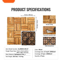 Lukittuvat terassilaatat mäntypintaiset 300 x 300 mm 27 kpl PP-ritiläpohjalla vesitiiviit