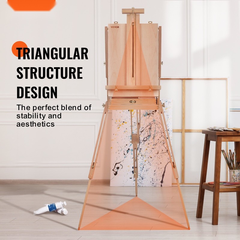 Taitettava pyökkipuinen maalausteline 34 tuuman kankaille luonnoslaatikolla korkeus ja kulmasäädöllä