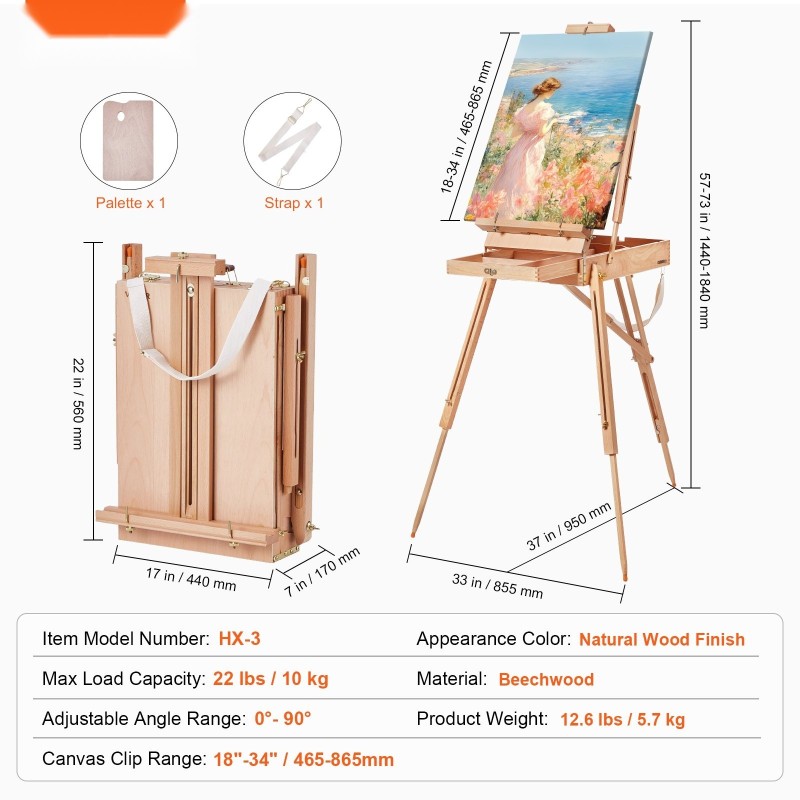 Taitettava pyökkipuinen maalausteline 34 tuuman kankaille luonnoslaatikolla korkeus ja kulmasäädöllä