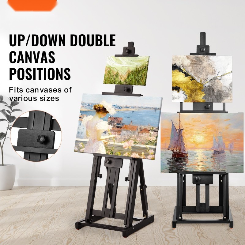 Ateljeeteline H-runko pyökkipuuta säädettävä kaksinkertainen kanvaskannatin alataso 10 kg kantavuus