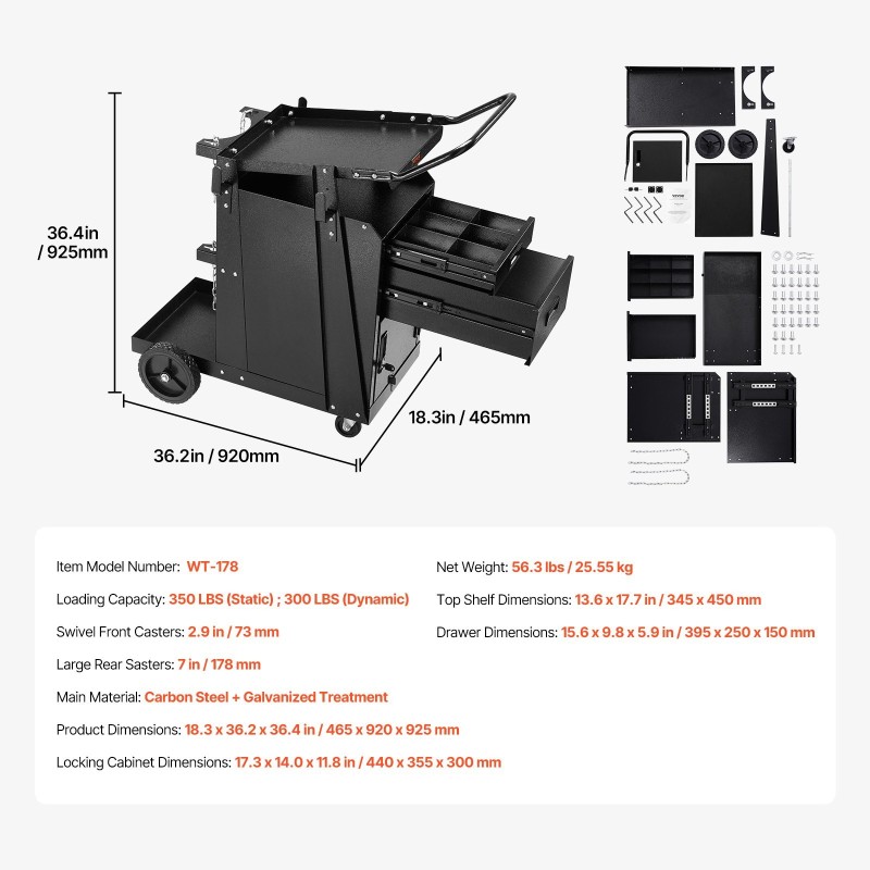 Hitsausvaunu hiiliteräs 350 paunan staattinen kantavuus kaksi laatikkoa lukittava kaappi kääntyvät pyörät