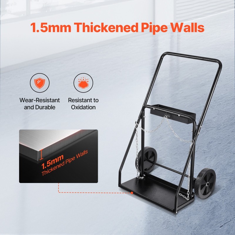 Hitsauspullokärry kahdelle pullolle sopii enintään 12,5 tuuman halkaisijalle hiiliteräsrunko 10 tuuman täyskumipyörät