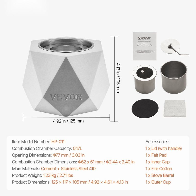 Pöytätulisija betoninen ruostumaton terässisäosa sisä- ja ulkokäyttöön sammutuskansilla