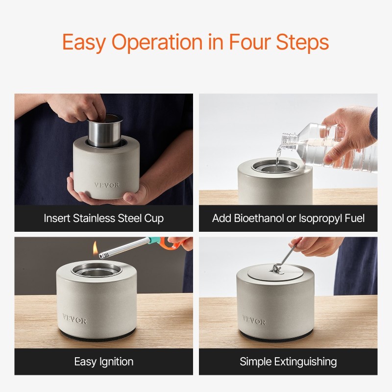 Betoninen pöytätulisija ruostumattomalla teräsvuorauksella ja sammutuskannella sisä- ja ulkokäyttöön