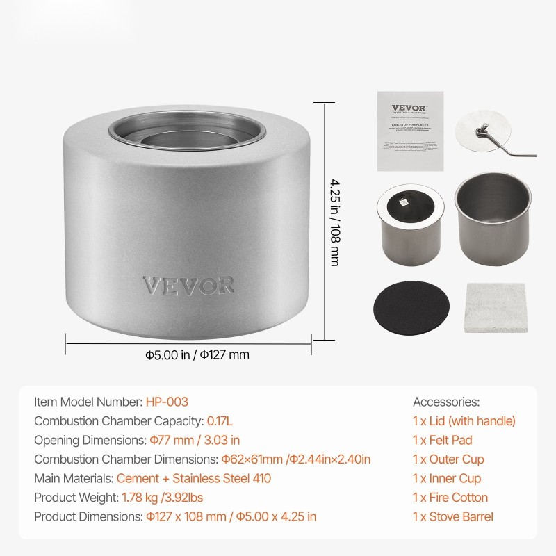 Betoninen pöytätulisija ruostumattomalla teräsvuorauksella ja sammutuskannella sisä- ja ulkokäyttöön