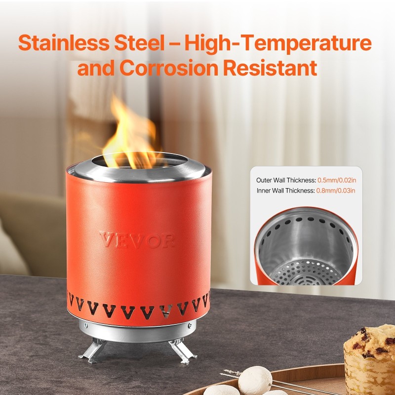 Pöytätulisija ruostumattomasta teräksestä savuton sisä- ja ulkokäyttöön polttopuulla ja pelleteillä punainen