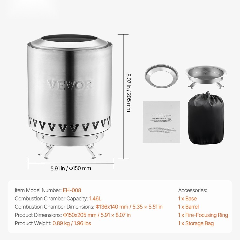 Pöytätulisija ruostumattomasta teräksestä 150 x 205 mm savuton sisä- ja ulkokäyttöön puu- ja pellettikäyttöön