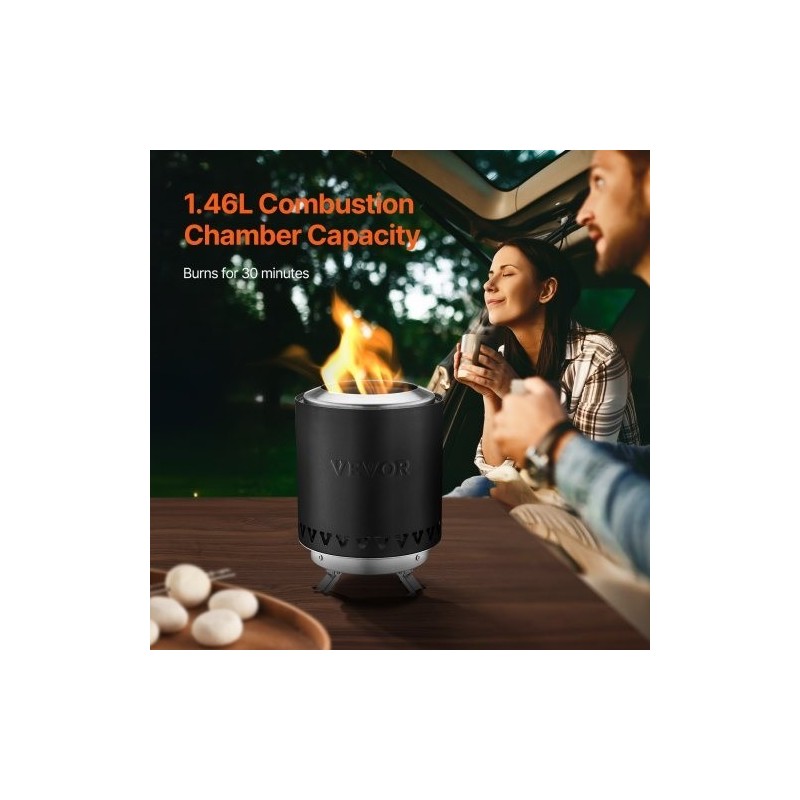 Pöytätulisija ruostumattomasta teräksestä musta kannettava sisä ja ulkokäyttöön puulla tai pelleteillä