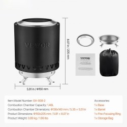 Pöytätulisija ruostumattomasta teräksestä musta kannettava sisä ja ulkokäyttöön puulla tai pelleteillä