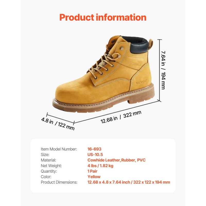 Työkengät lehmännahkainen vedenpitävä päällinen teräksinen varvassuoja Britannian koko 9.5 1 pari