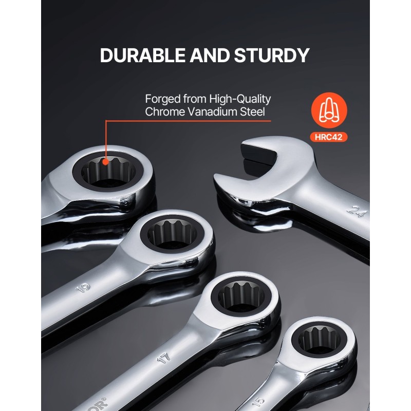 16-osainen metrinen räikkälenkkisarja 8–24 mm kromivanadiiniteräs hiiliteräs kantotelineellä