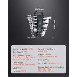 16-osainen metrinen räikkälenkkisarja 8–24 mm kromivanadiiniteräs hiiliteräs kantotelineellä