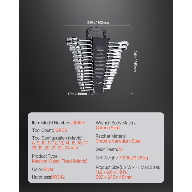 16-osainen metrinen räikkälenkkisarja 8–24 mm kromivanadiiniteräs hiiliteräs kantotelineellä