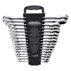 16-osainen metrinen räikkälenkkisarja 8–24 mm kromivanadiiniteräs hiiliteräs kantotelineellä