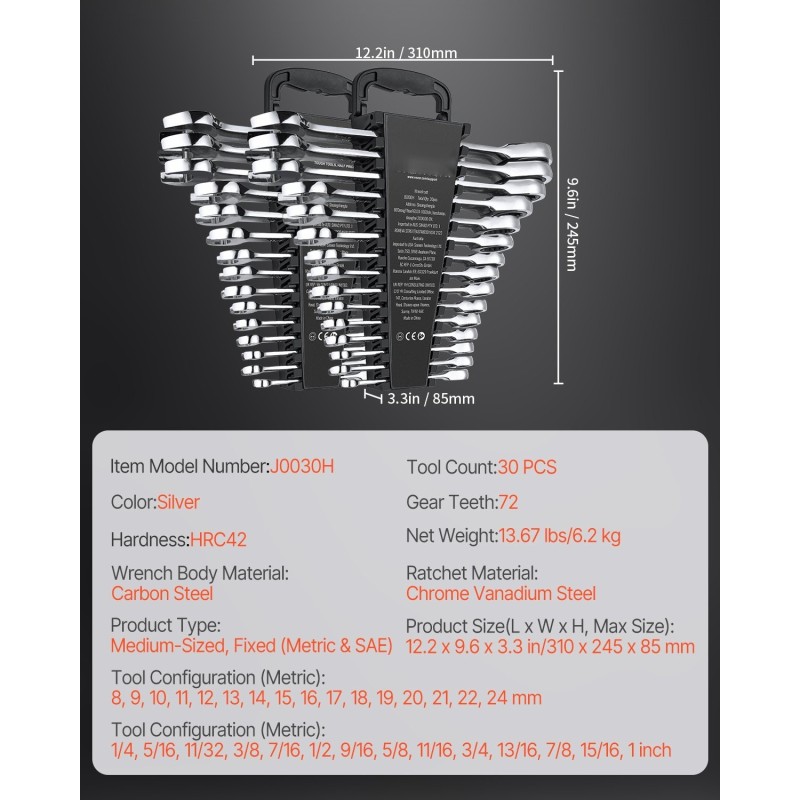 Räikkälenkkiavainsarja 30-osainen metriset 8–24 mm ja SAE 1/4–1 tuumaa