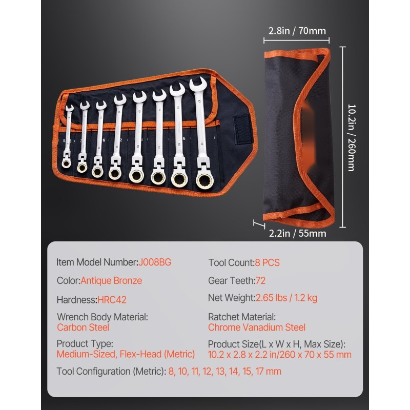 Kiinto- ja lenkkiavainsarja kromivanadiini ja hiiliteräs taivutettavalla räikkäpäällä 8–17 mm rullattava pussi