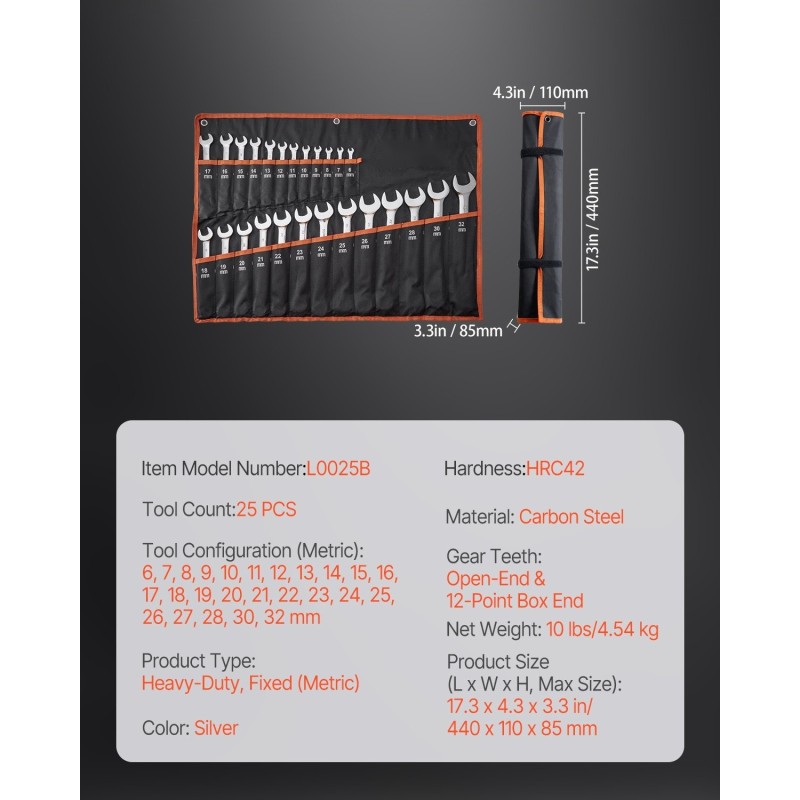 Kiintoavainsarja 25-osainen hiiliteräs metrinen koot 6–32 mm rullattavassa pussissa