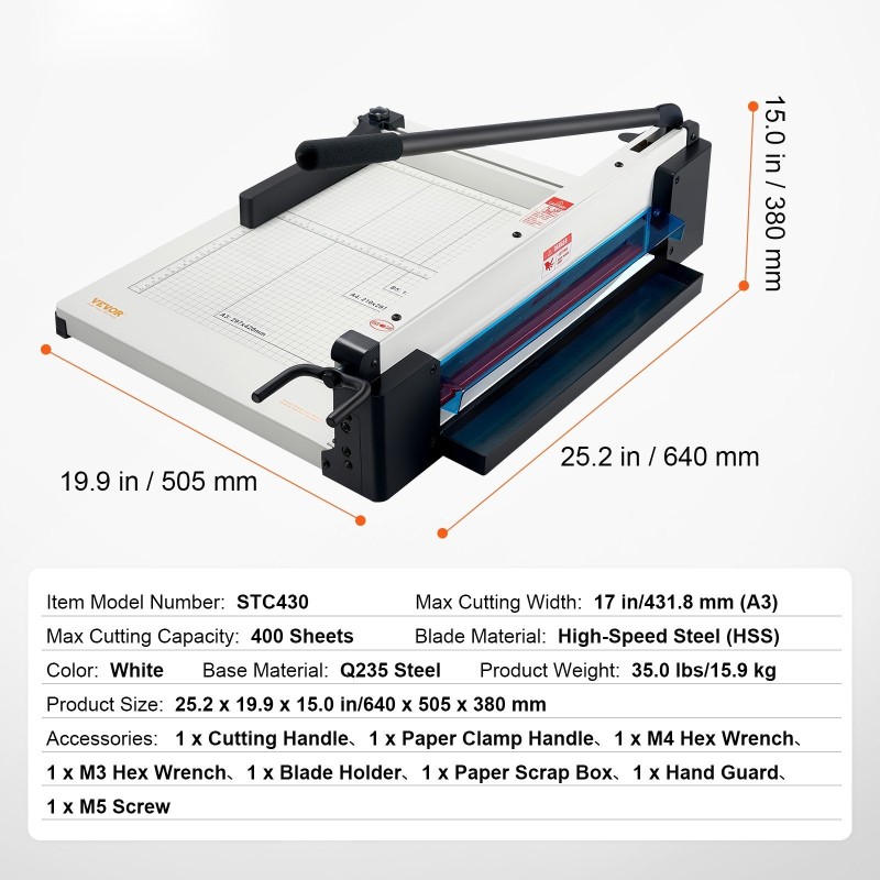 Giljotiinipaperileikkuri A3-koko 43,2 cm 400 arkkia pikaterä teräspohja
