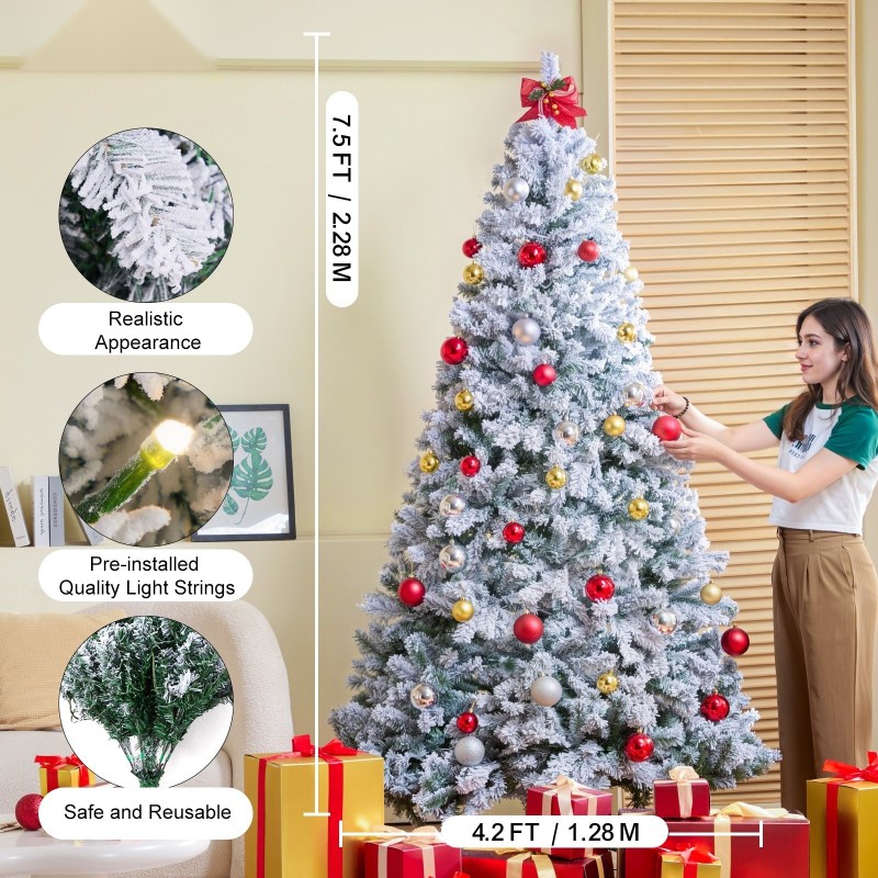 Lumipeitteinen tekokuusi noin 2,28 m 1346 oksankärkeä 550 lämpimänvalkoista LED-valoa metallijalusta