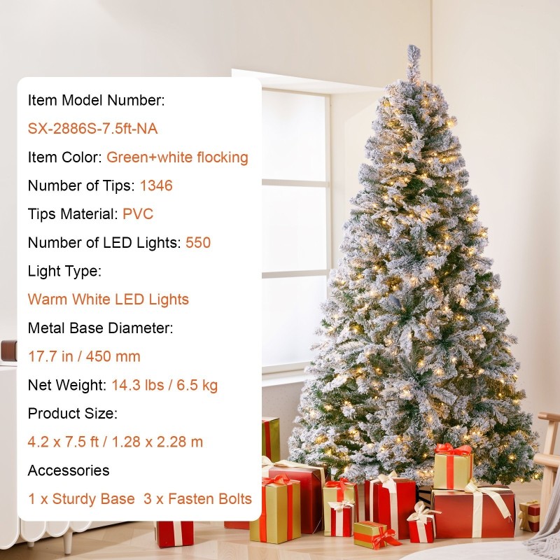 Lumipeitteinen tekokuusi noin 2,28 m 1346 oksankärkeä 550 lämpimänvalkoista LED-valoa metallijalusta