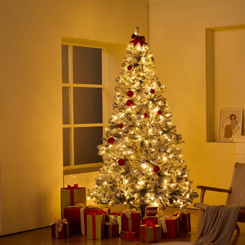 Lumipeitteinen tekokuusi noin 2,28 m 1346 oksankärkeä 550 lämpimänvalkoista LED-valoa metallijalusta