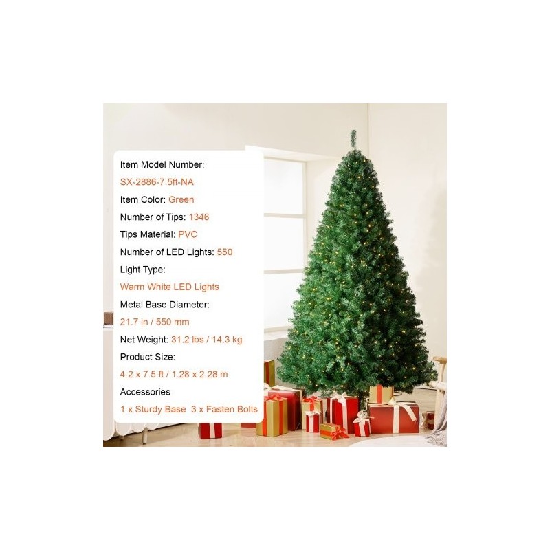 Tekokuusi PVC-oksat noin 2,28 m 1346 oksakärkeä 550 lämmintä LED-valoa metallijalusta