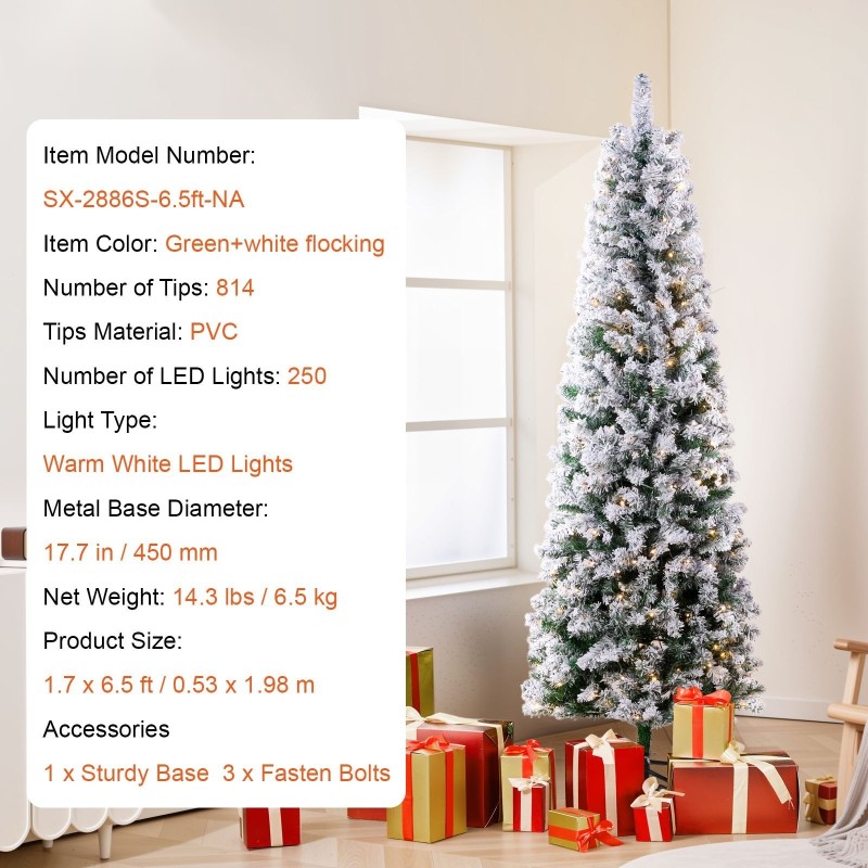 Esivalaistu tekokuusi 1,98 m lumiefektillä 250 lämminsävyistä LED-valoa 814 oksankärkeä metallijalustalla