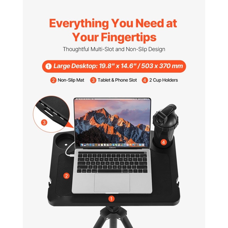 Pyöräilypöytä teräsrunko ABS-muovinen pöytätaso korkeussäädettävä taittuva monilokeroinen kahdella mukitelineellä