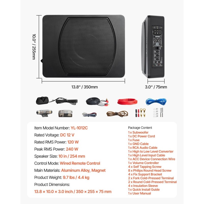Aktiivisubwoofer 10-tuumainen istuimen alle asennettava 240 W integroitu vahvistin