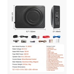 Auton penkin alle asennettava 8 tuuman aktiivisubbassokaiutin 300 W sisäänrakennettu vahvistin