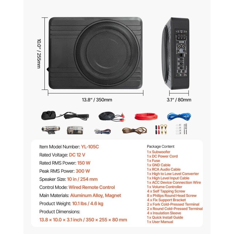 Matalaprofiilinen 10-tuumainen aktiivinen subwoofer istuimen alle alumiiniseosrungolla 300 watin huipputeho