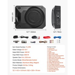 8-tuumainen matalaprofiilinen aktiivisubwoofer istuimen alle sisäänrakennetulla vahvistimella nimellisteho 400 W