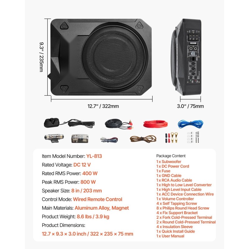 8-tuumainen matalaprofiilinen aktiivisubwoofer istuimen alle sisäänrakennetulla vahvistimella nimellisteho 400 W