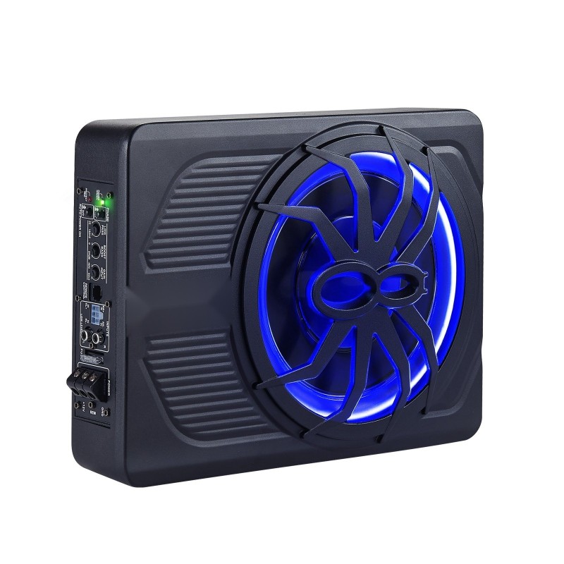 Penkin alle asennettava 10 tuuman matalarunkoinen subwoofer sisäänrakennetulla vahvistimella sinisellä tunnelmavalolla autoihin