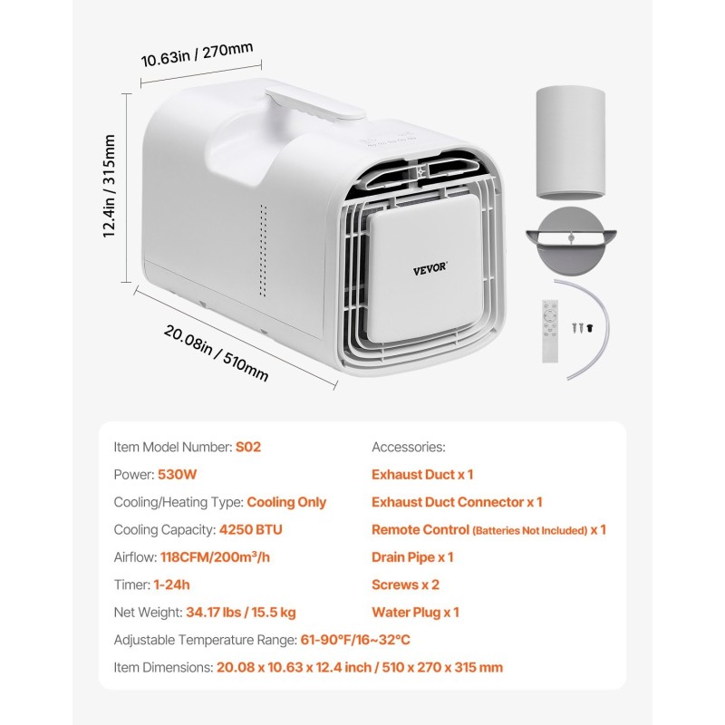 Kannettava ilmastointilaite 4250 BTU 16–32℃ 3 puhallusnopeutta valkoinen