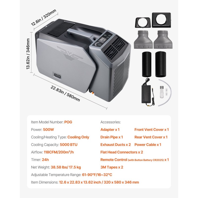 Kannettava ilmastointilaite 5000 BTU 3 puhallusnopeutta 16–32 °C vaihtovirta ja tasavirta