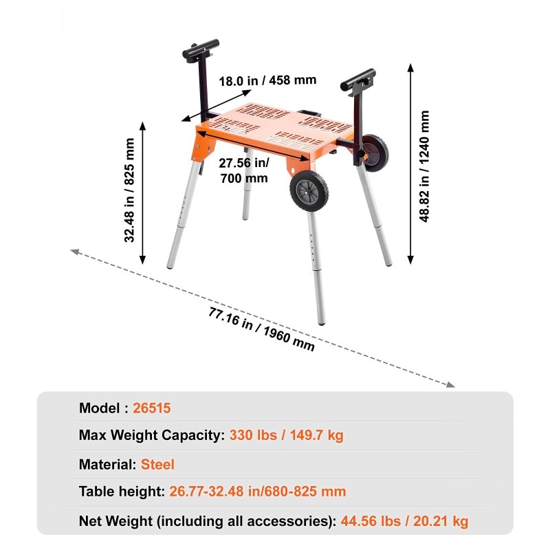 Jiirisahan teline teräs korkeussäädettävä 685–835 mm taittuva pyörillä kantavuus 149,7 kg