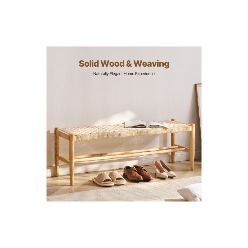 Rottinkipenkki hamppuköysinen istuin täyspuurunko tammijalat kahden tason säilytyshylly kahden hengen