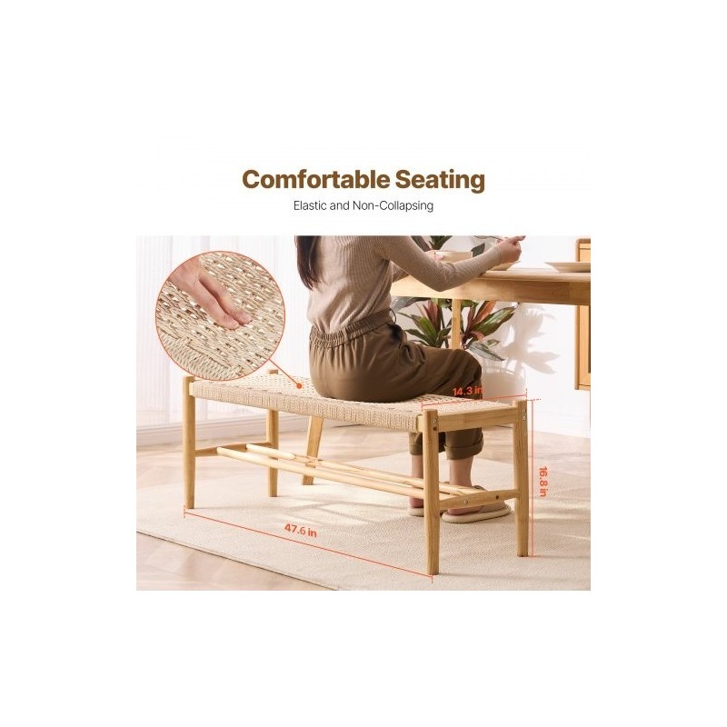 Rottinkipenkki hamppuköysinen istuin täyspuurunko tammijalat kahden tason säilytyshylly kahden hengen