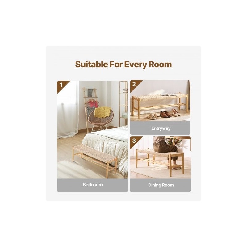 Rottinkipenkki hamppuköysinen istuin täyspuurunko tammijalat kahden tason säilytyshylly kahden hengen