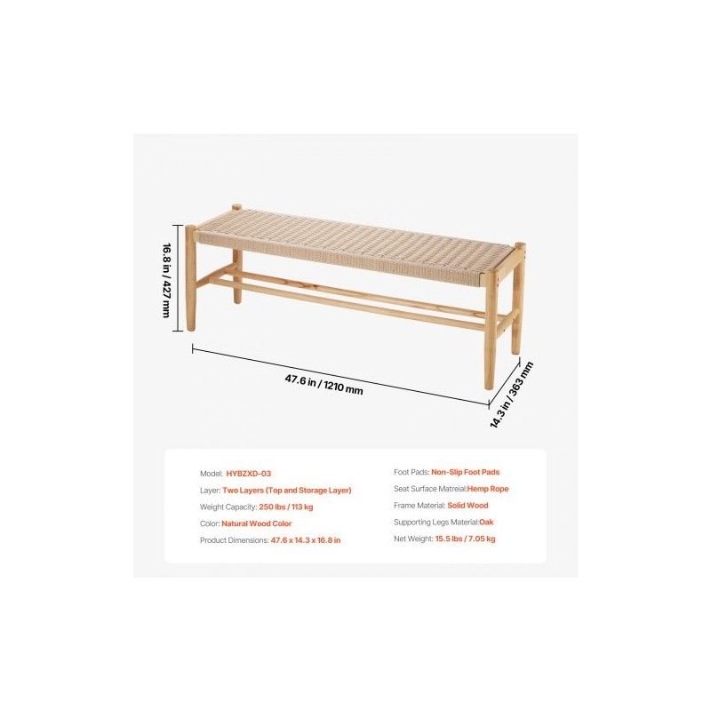 Rottinkipenkki hamppuköysinen istuin täyspuurunko tammijalat kahden tason säilytyshylly kahden hengen