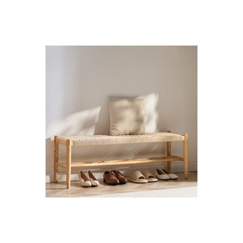 Rottinkipenkki hamppuköysinen istuin täyspuurunko tammijalat kahden tason säilytyshylly kahden hengen