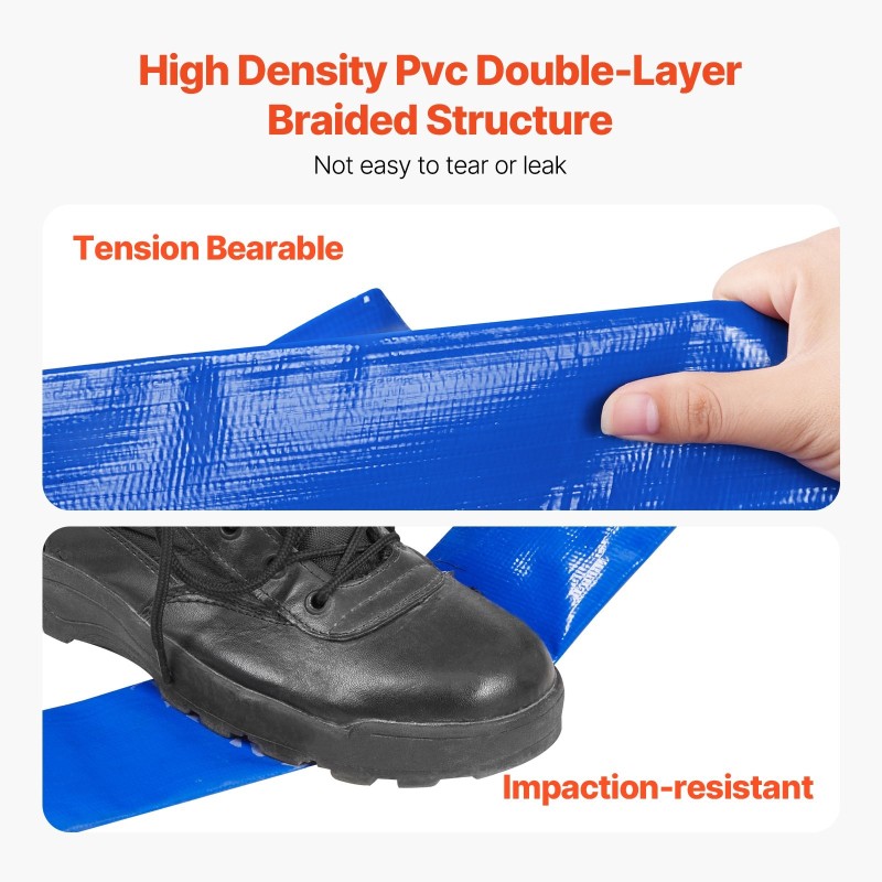 PVC-muovinen takaisinhuuhteluletku 76 mm 15,24 m sininen ruostumattomilla kiristimillä alumiiniliittimillä