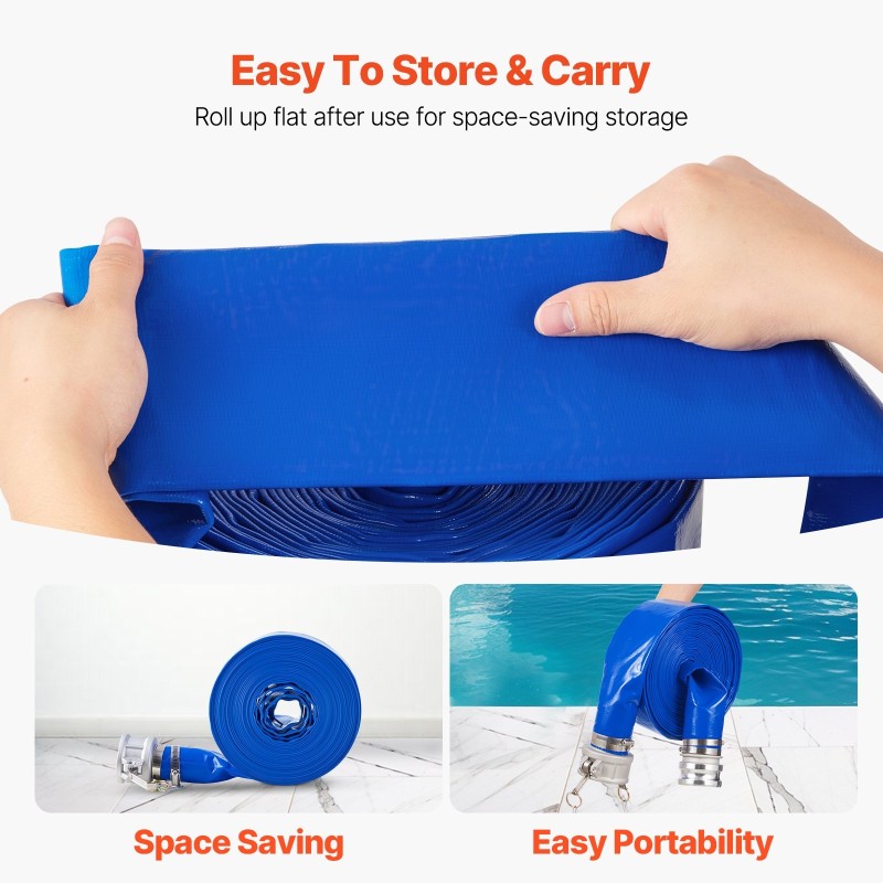 PVC-muovinen takaisinhuuhteluletku 76 mm 15,24 m sininen ruostumattomilla kiristimillä alumiiniliittimillä