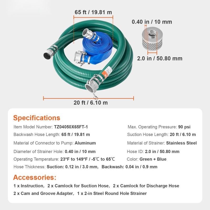 Imuletkusetti 50 mm imuletku 6,1 m huuhteluletku 19,8 m ruostumaton terässihti vesipumpulle